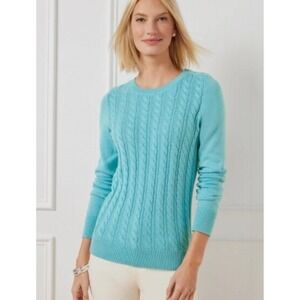 Talbots Women Cable Knit Crewneck Sweater L Blue Fisherman Button Preppy Coastal